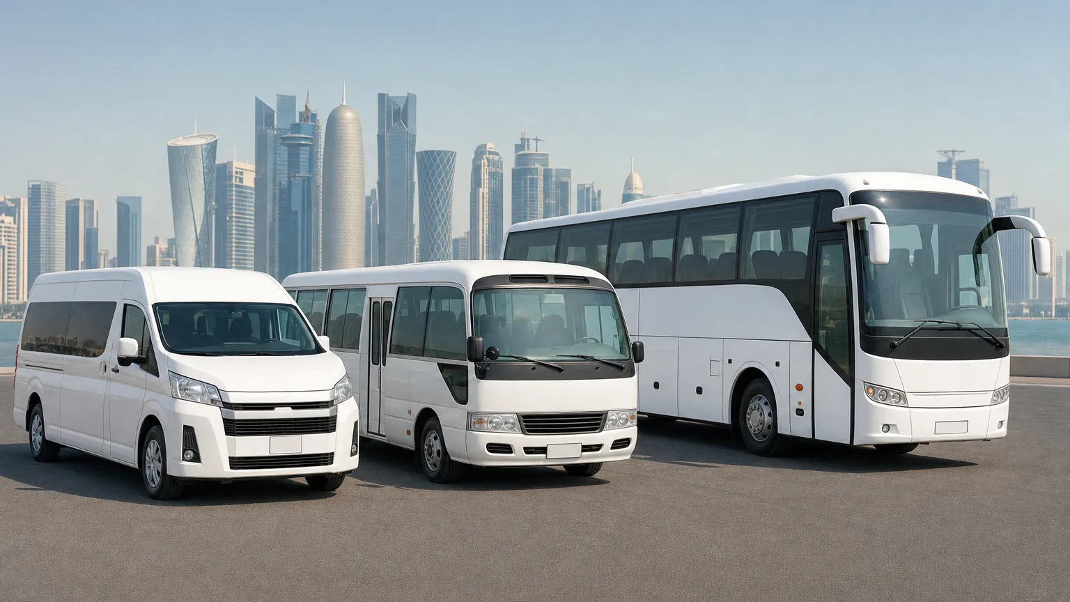 A white passenger van, a minibus and a large coach parked side by side in Doha
