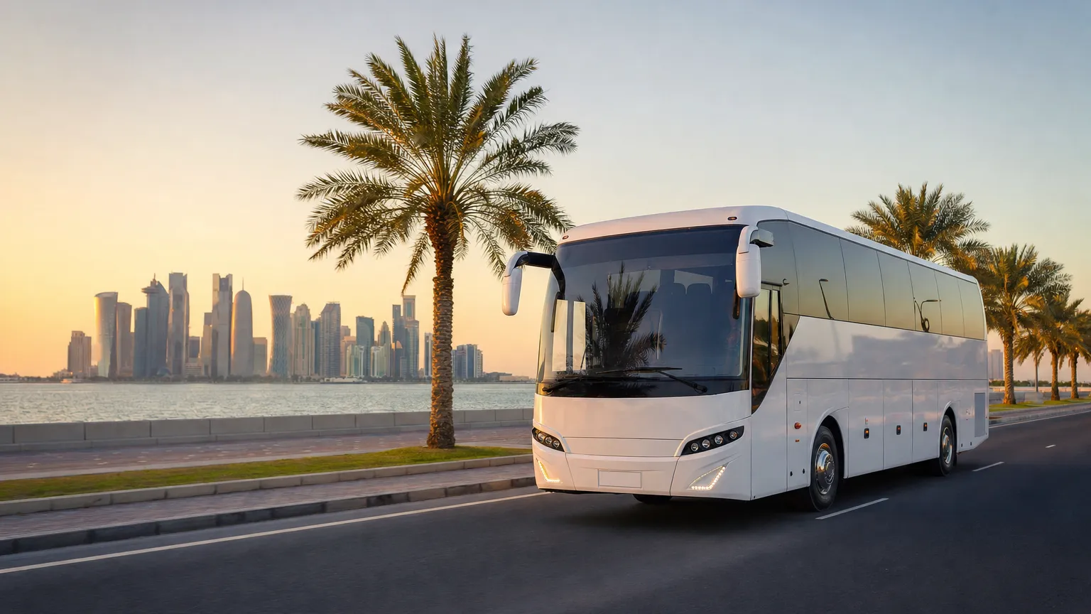 Modern white coach driving along the Doha Corniche with the West Bay skyline across the water