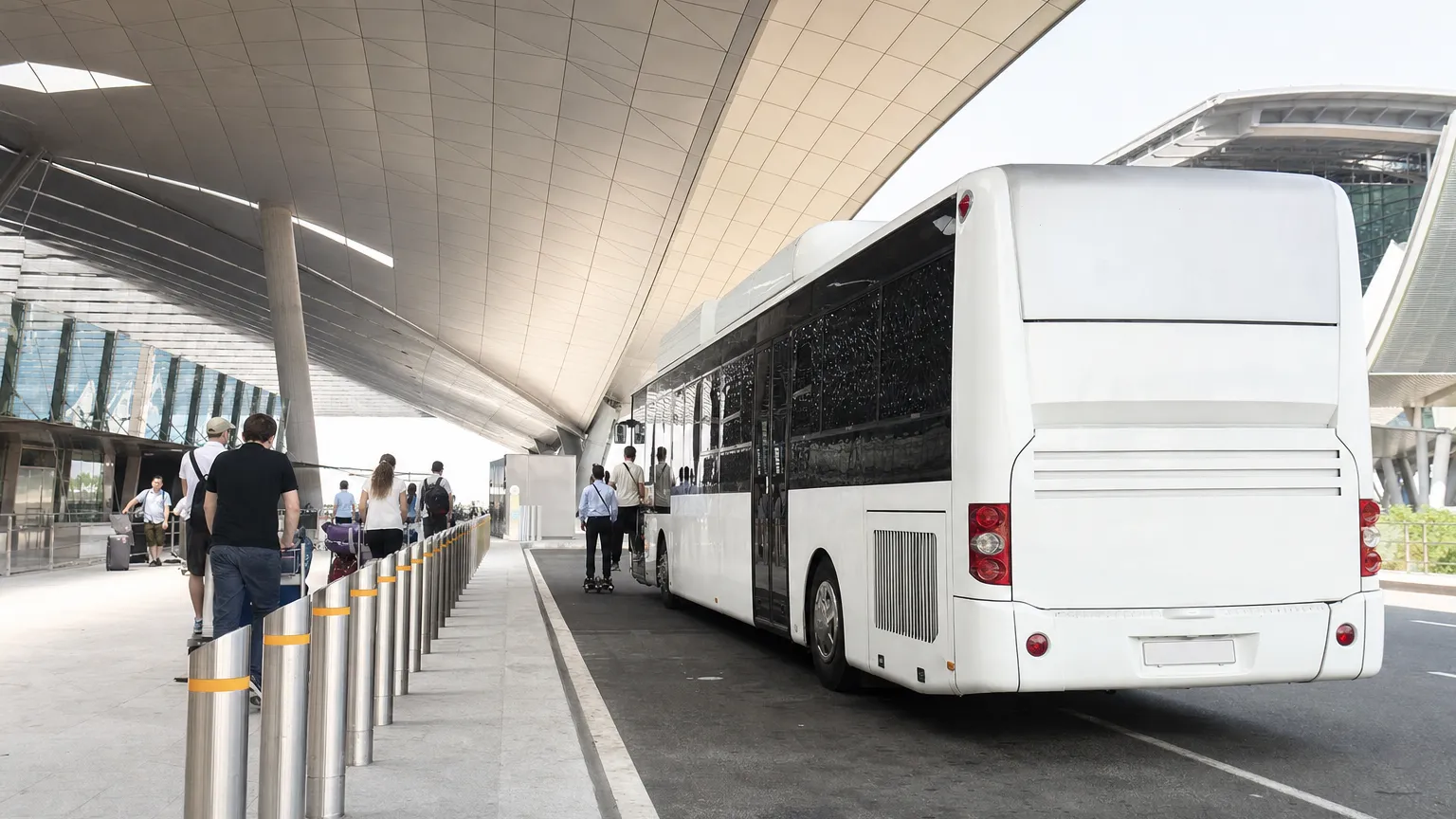 White coach at the arrivals curb of a modern airport terminal in Qatar