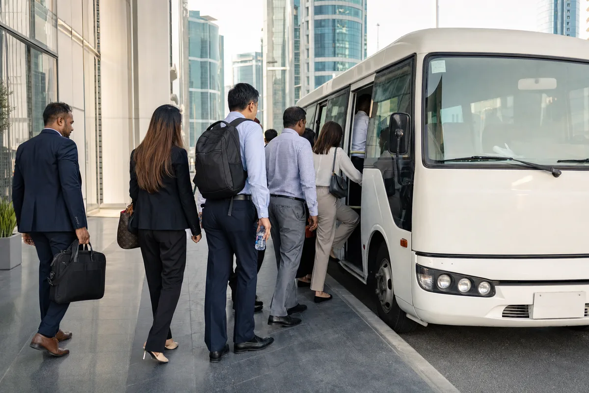 Office employees boarding a minibus outside a West Bay office tower in Doha